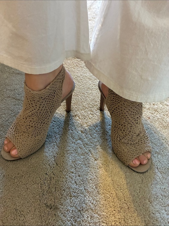 Vince Camuto Shoes - Vince Camuto Beige Crochet Peep-Toe Heels